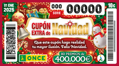 Cupón preimpreso del Extra de Navidad de la ONCE. 80 premios de 400.000 € por 10 €