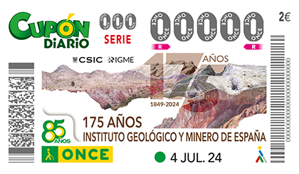 Cupón de la ONCE dedicado al 175 aniversario del Instituto Geológico y Minero de España